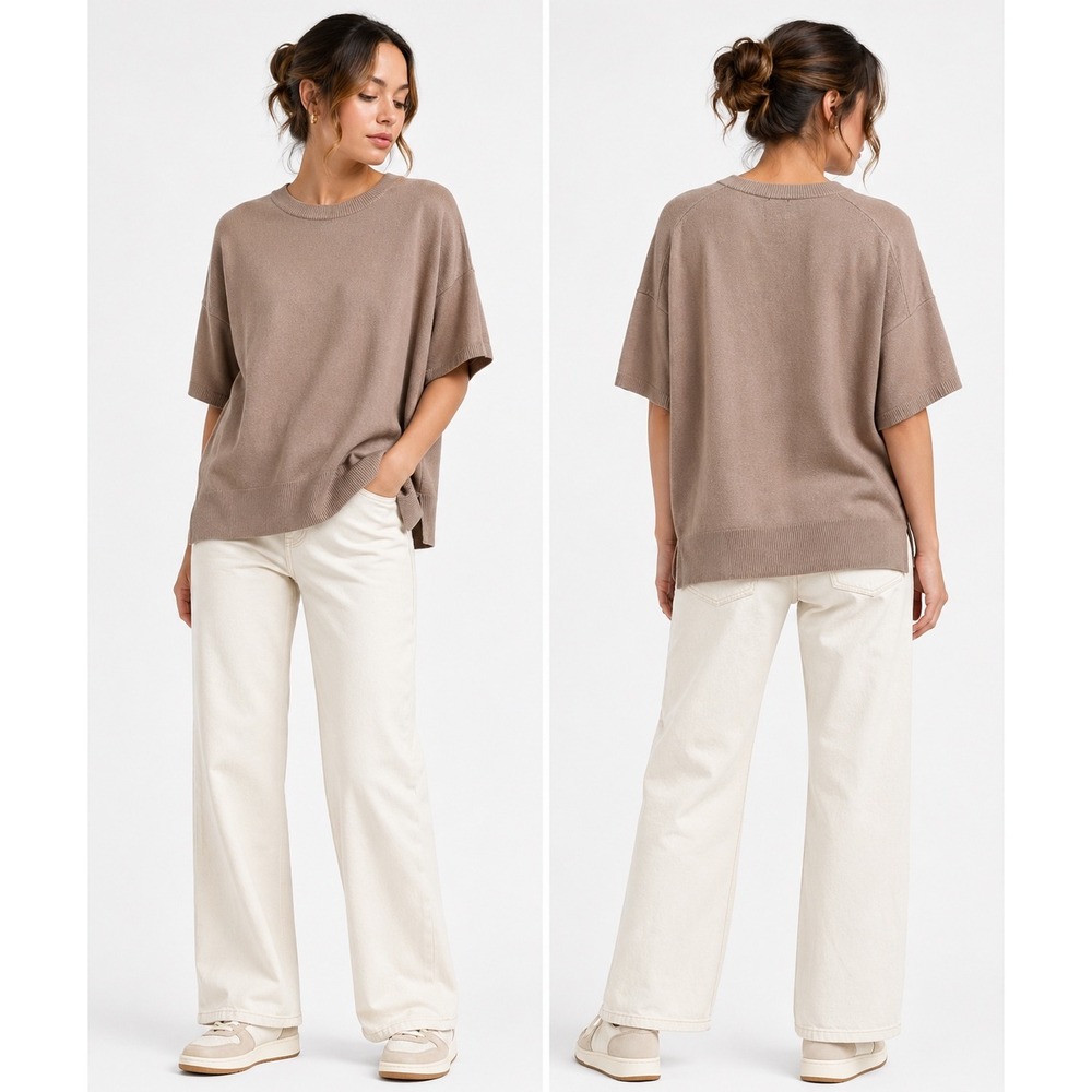 Splendid Knit Top Womens Large Brown Short Sleeve Oversized Crewneck Sweater